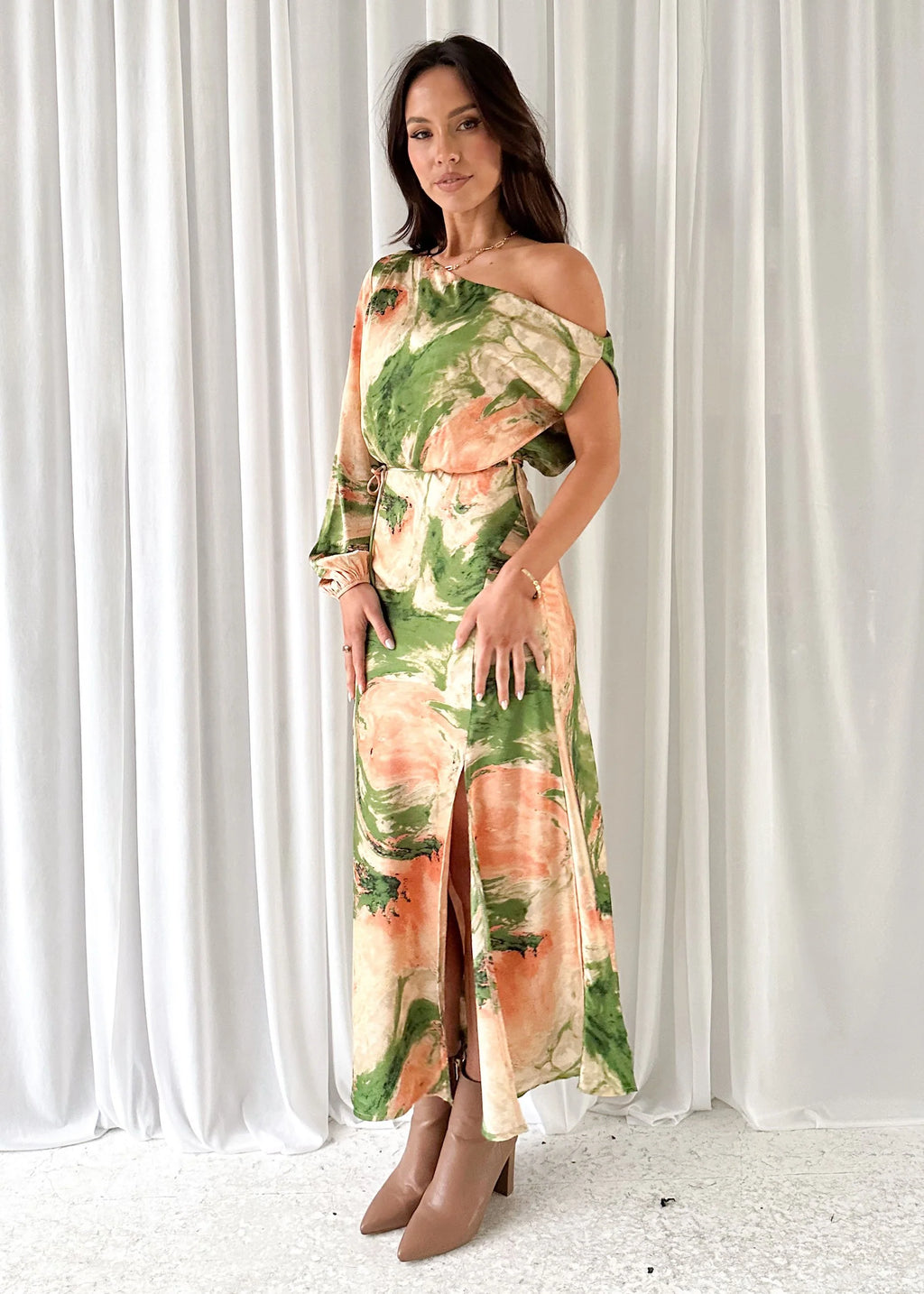 Elanor One Shoulder Midi Dress - Green Splash