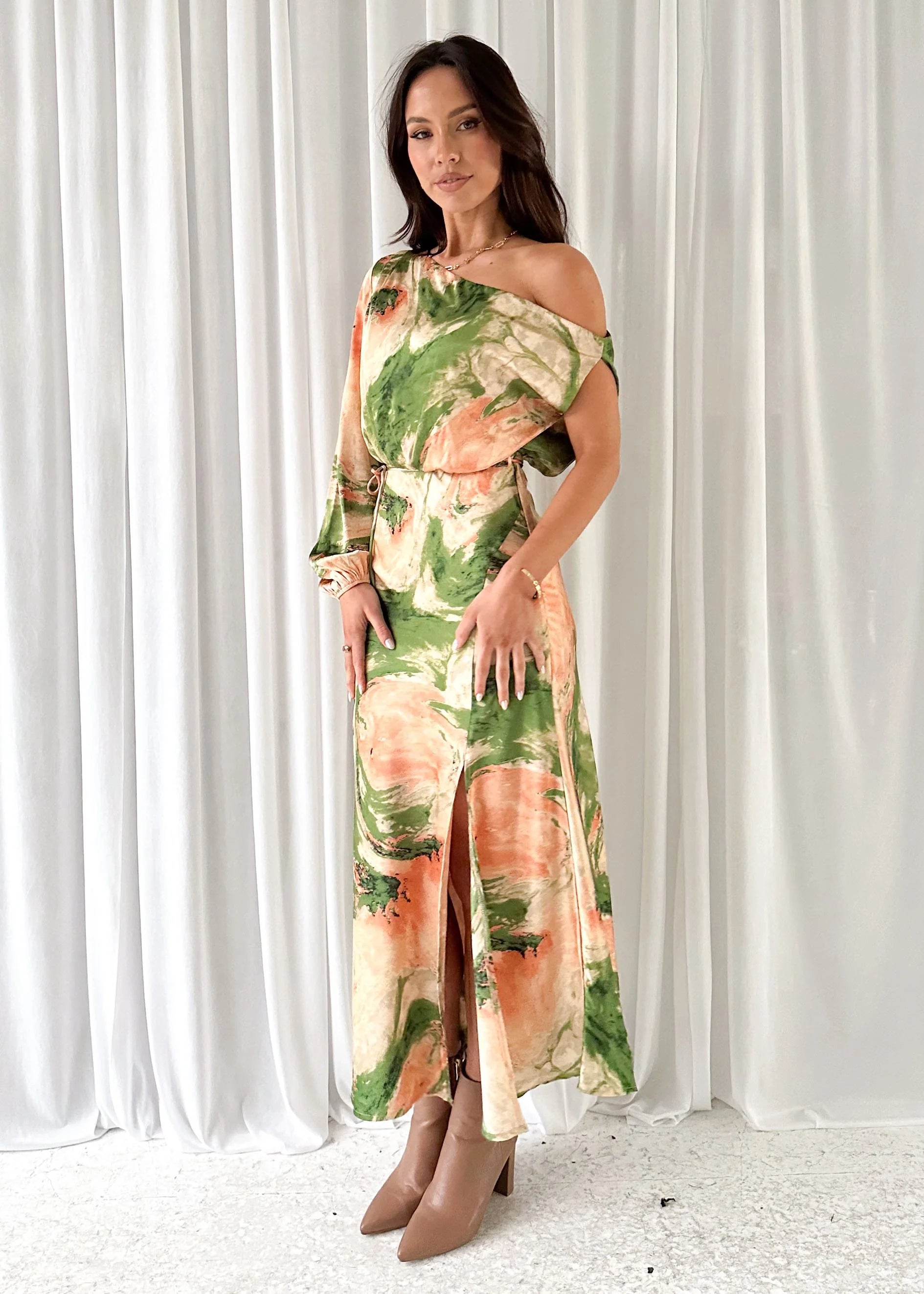 Elanor One Shoulder Midi Dress - Green Splash