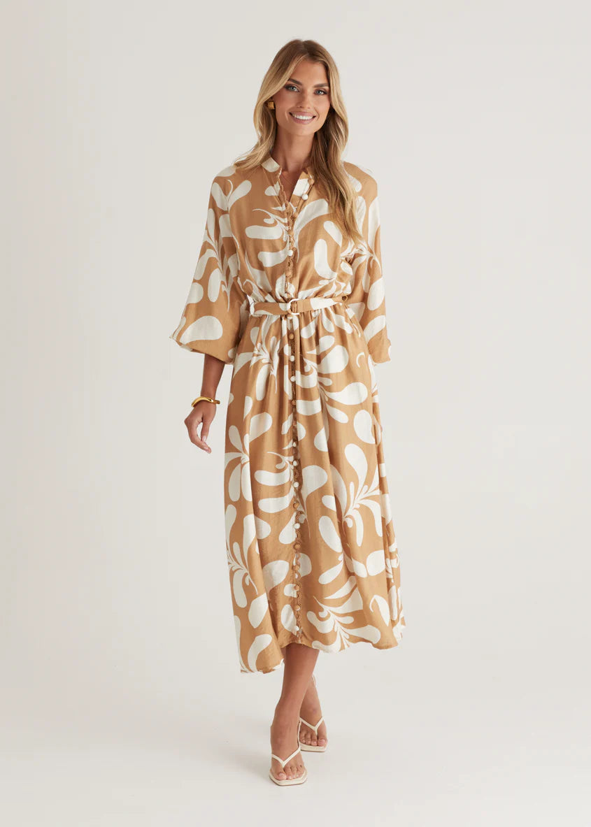 Shylah Midi Dress - Camel Swirl