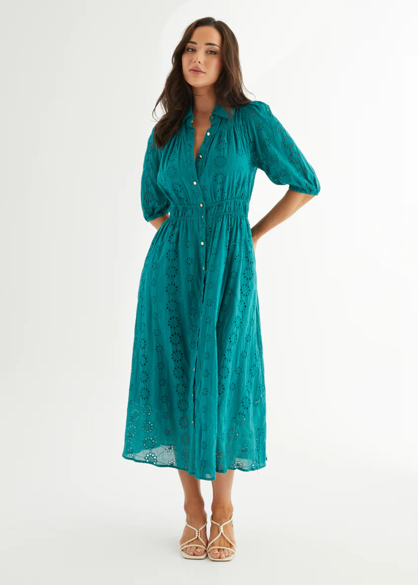 Eryn Midi Dress - Teal Anglaise