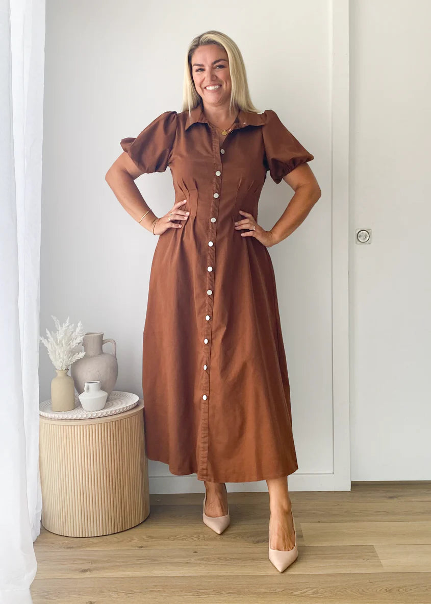 Acer Denim Midi Dress - Brown