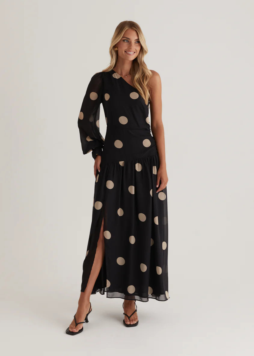 Ella One Shoulder Maxi Dress - Black Polka