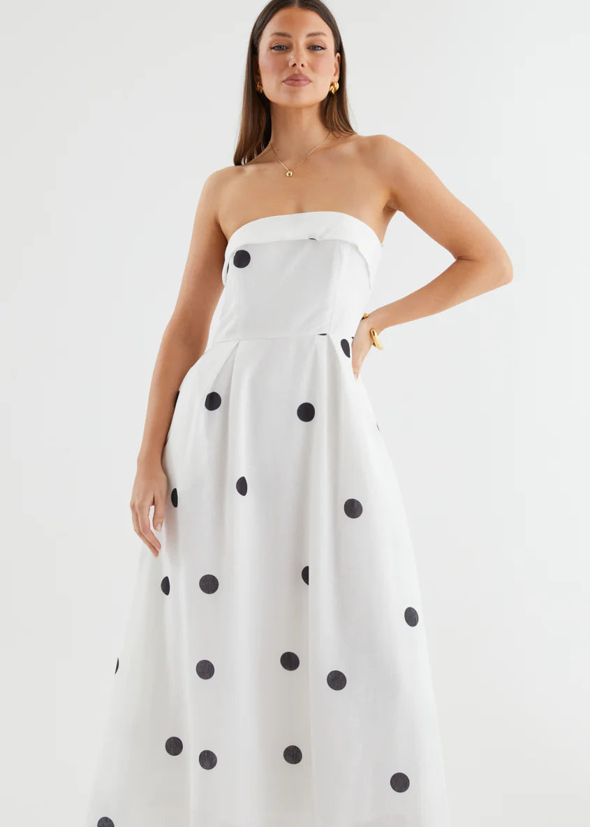 Charlee Strapless Midi Dress - White Polka