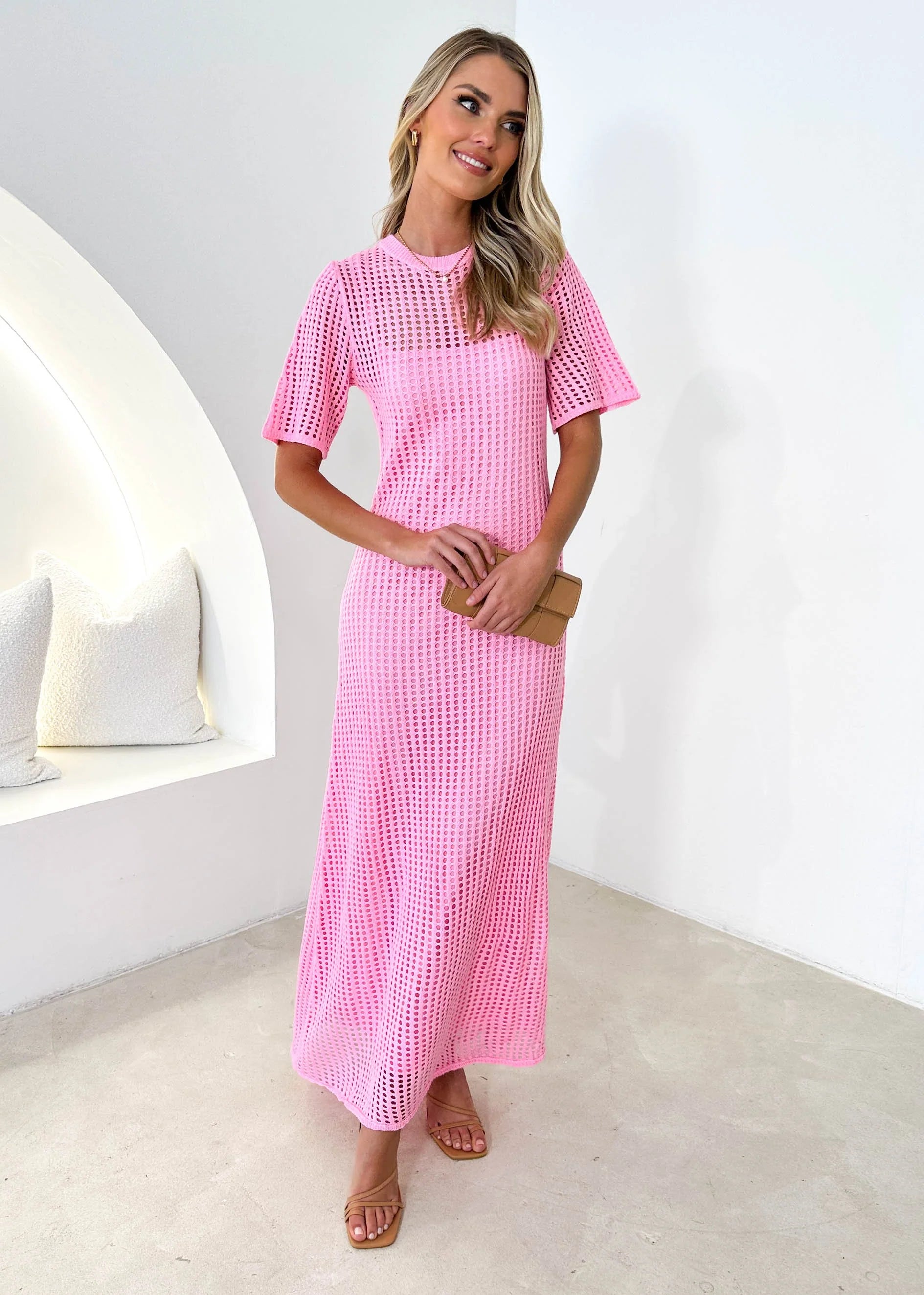 Vivvy Crochet Maxi Dress - Pink