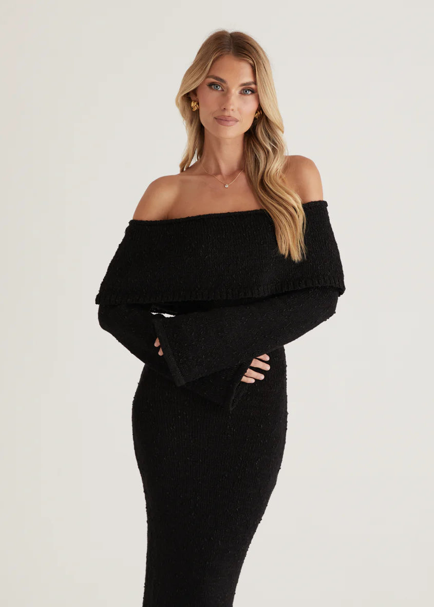 Sky Off Shoulder Knit Midi Dress - Black