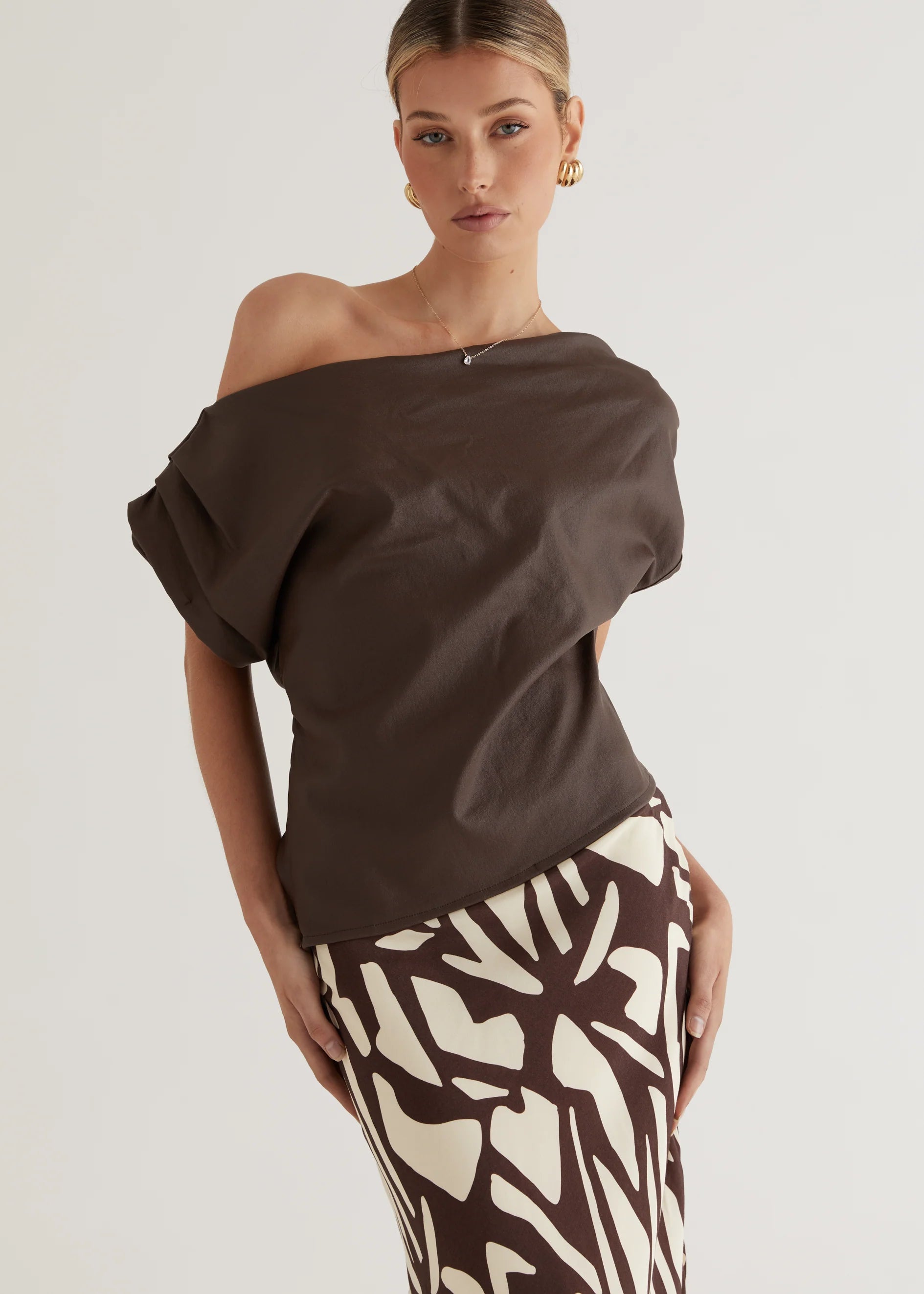 Inka One Shoulder Coated Top - Chocolate