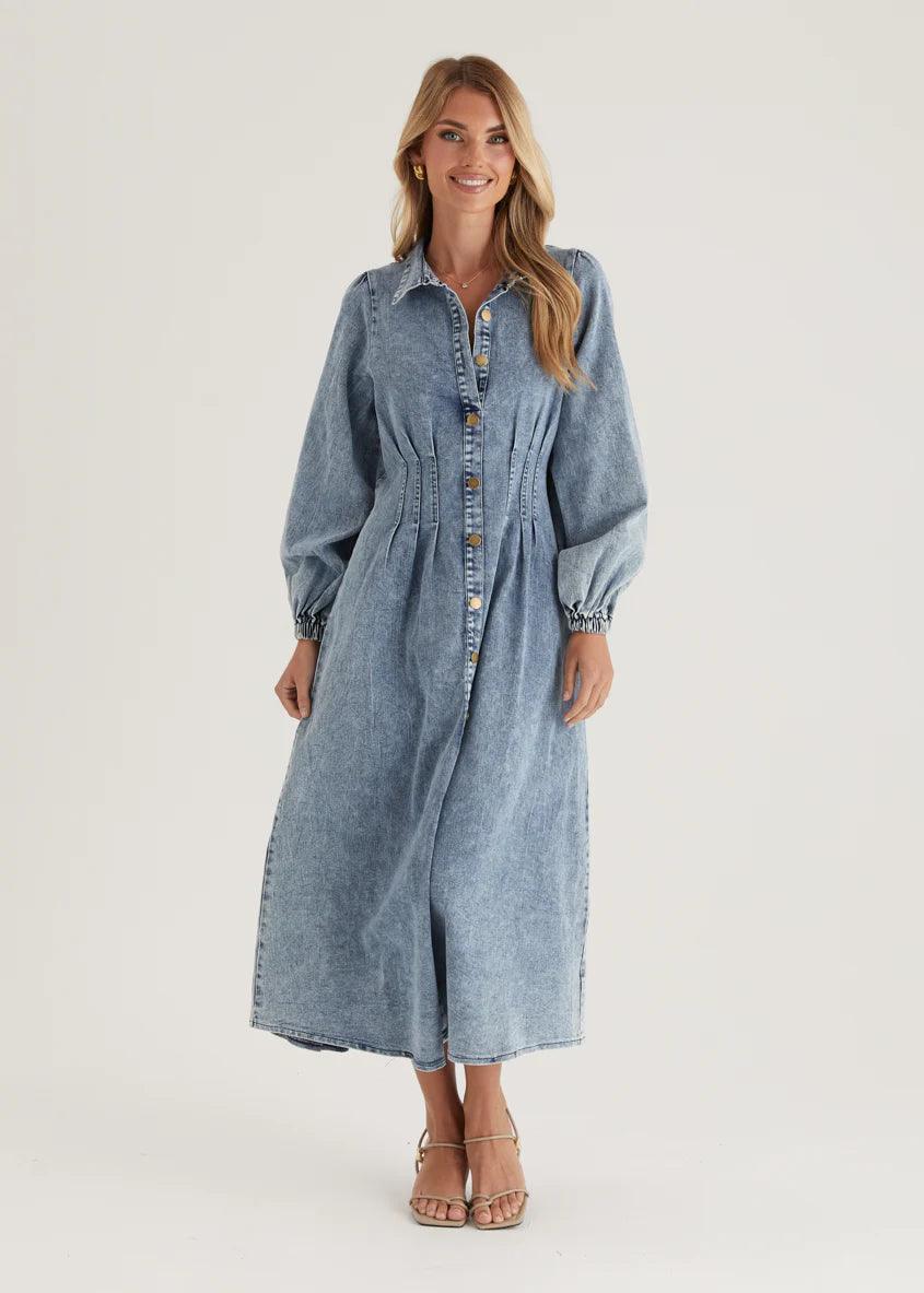 Karliat Denim Maxi Dress - Mid Blue