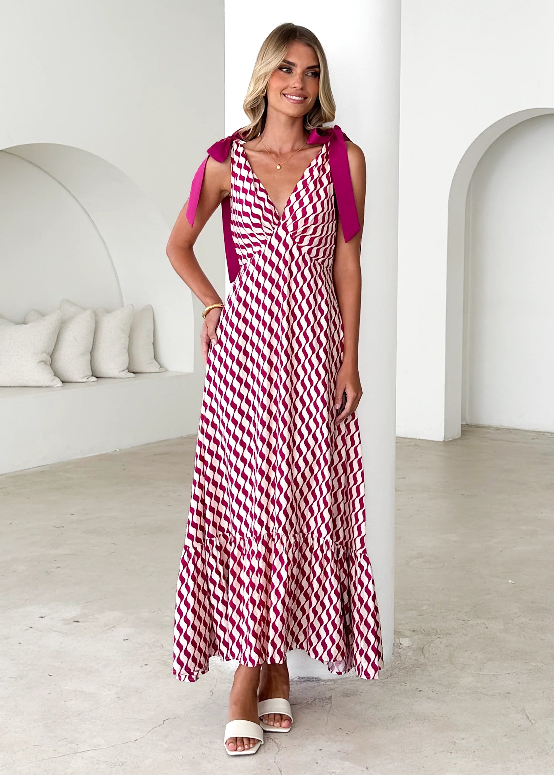 Havannah Tie Midi Dress - Magenta Wave