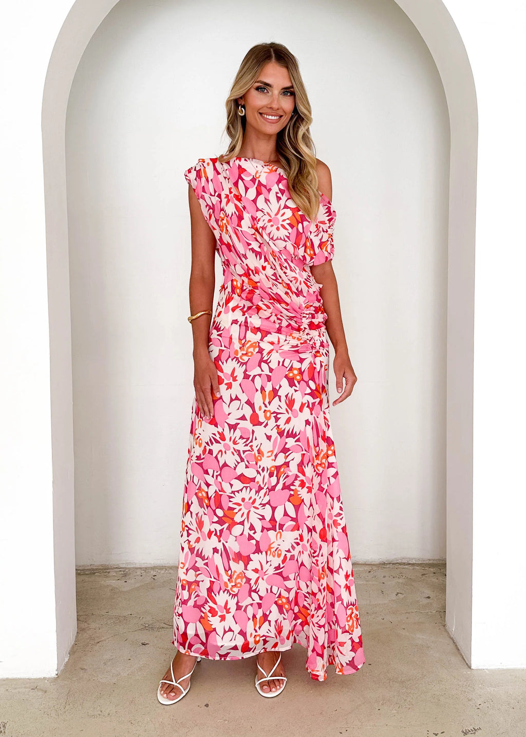 Helix Off Shoulder Midi Dress - Rio Pink