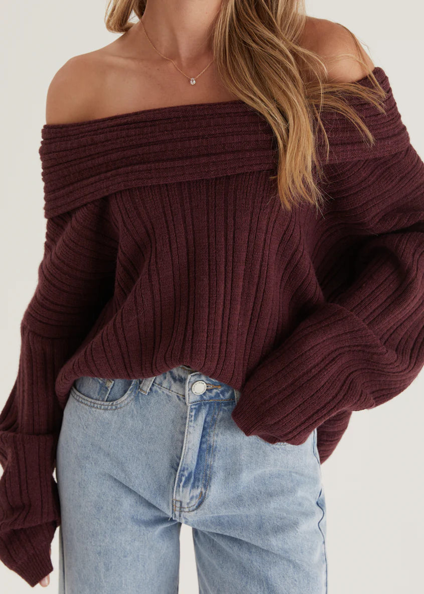Shiloh Off Shoulder Sweater - Wine