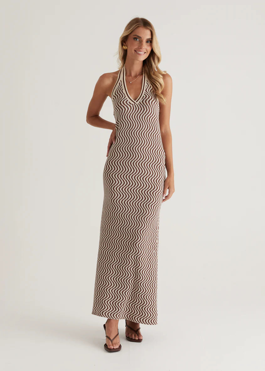 Lorelai Halter Knit Maxi Dress - Brown Swirl
