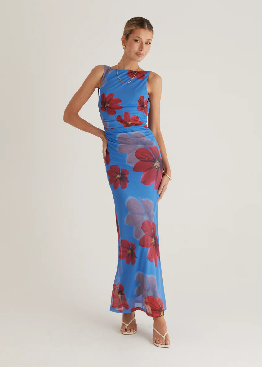 Rivka Mesh Maxi Dress - Blue Floral