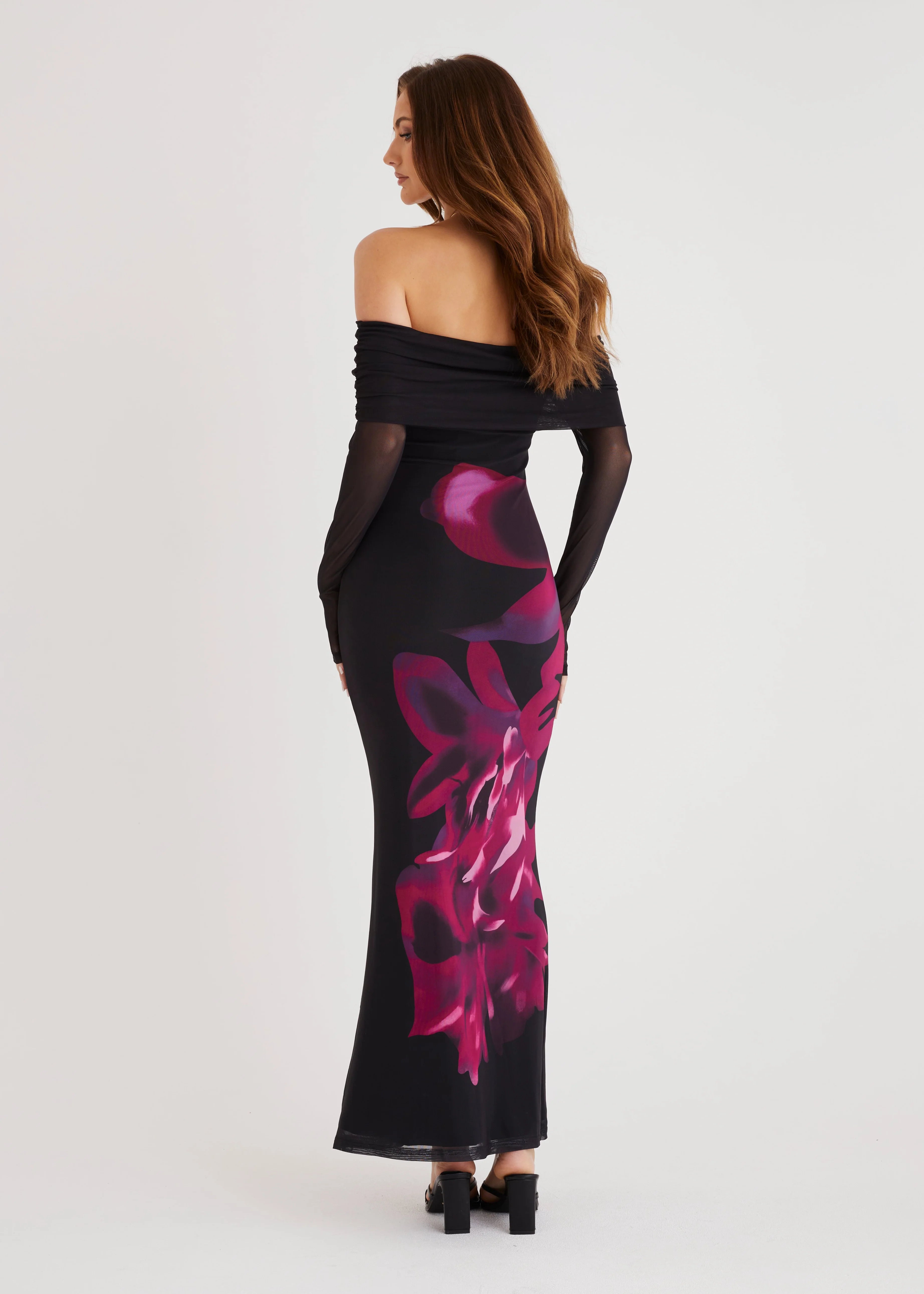 Slate Off Shoulder Mesh Maxi Dress - Black Floral