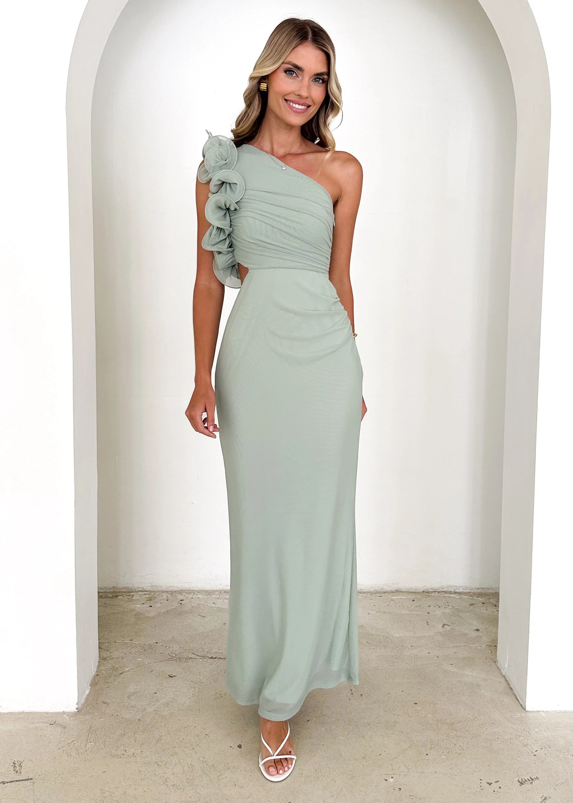 Oakes One Shoulder Mesh Maxi Dress - Sage