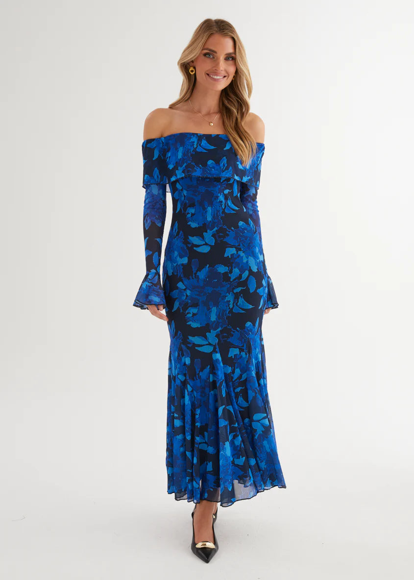 Linier Off Shoulder Mesh  Maxi Dress - Blue Floral