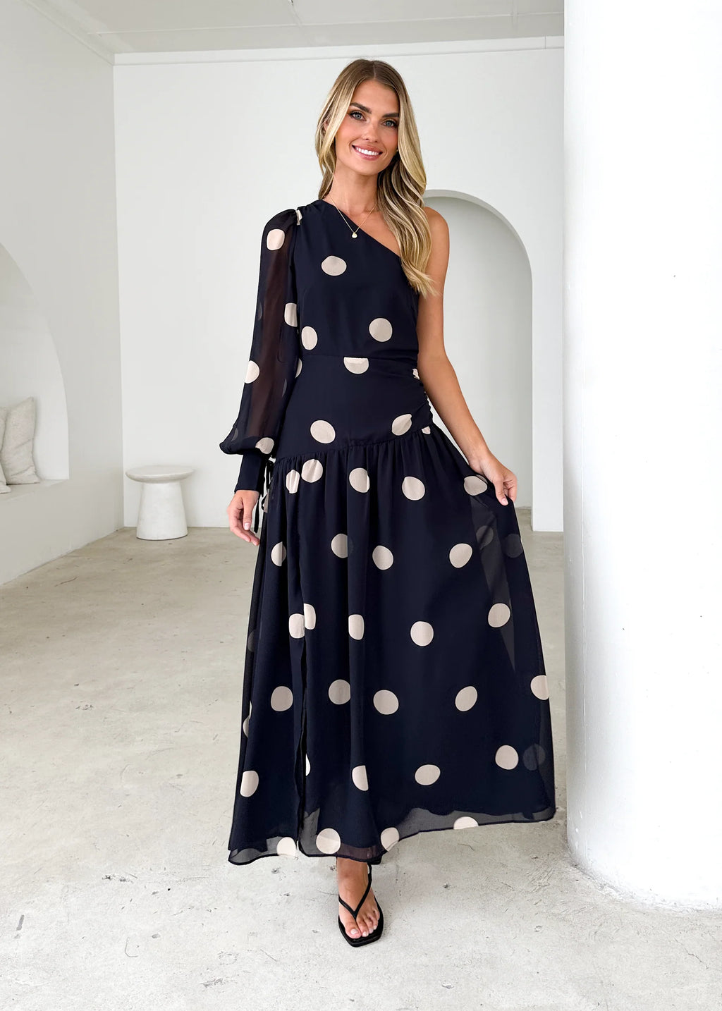 Ella One Shoulder Maxi Dress - Black Polka