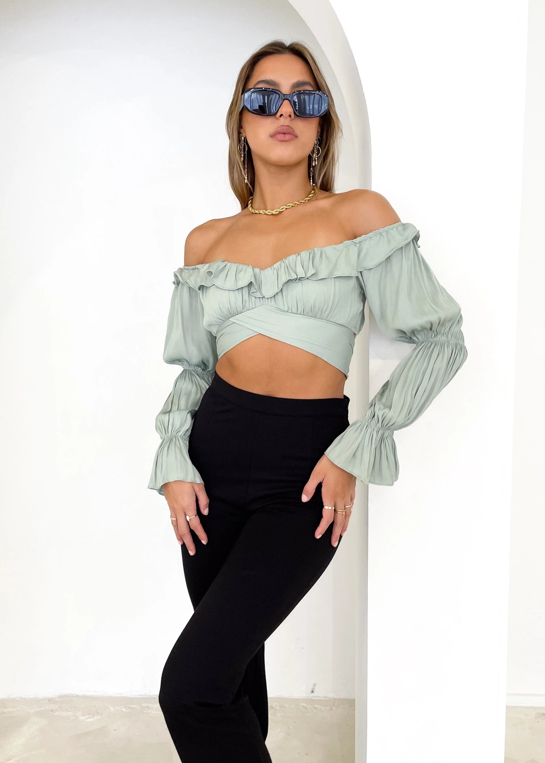 Rexha Off Shoulder Crop - Sage