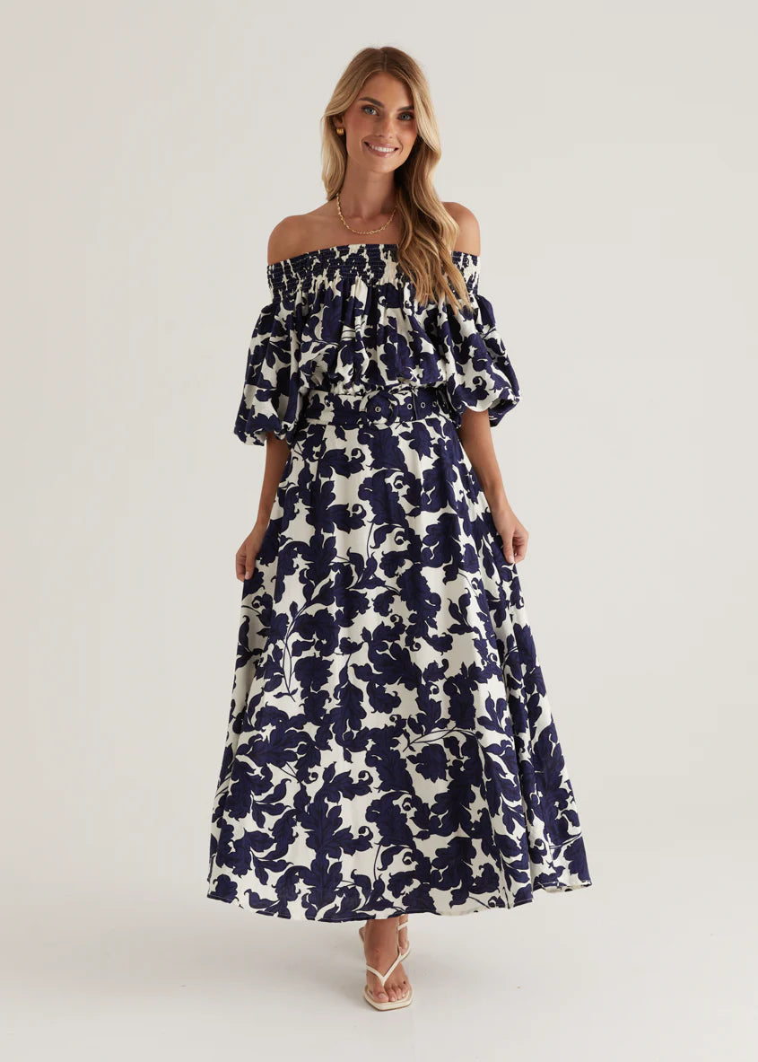 Talu Off Shoulder Midi Dress - Navy Paisley