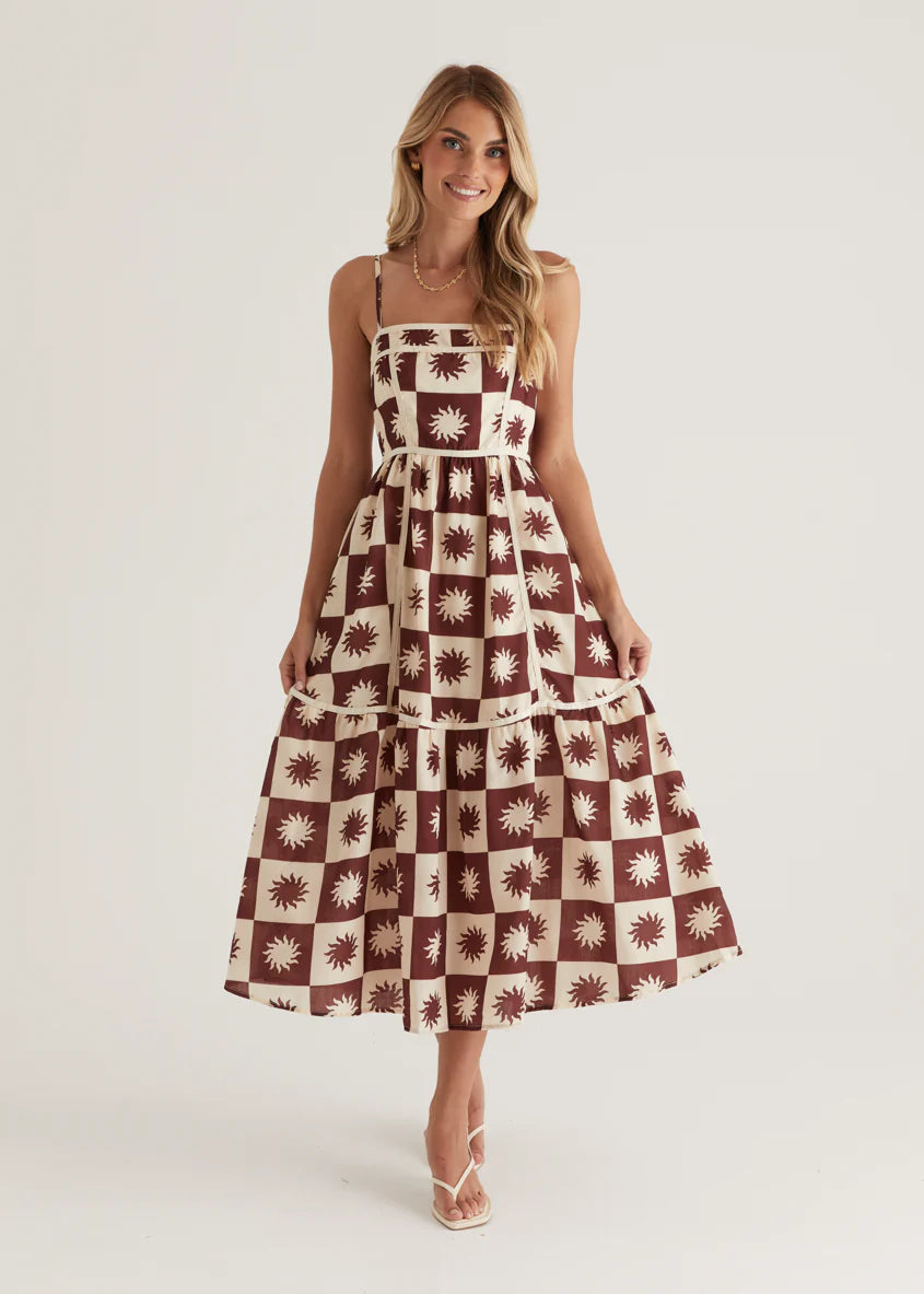 Valencia Midi Dress - Brown Abstract