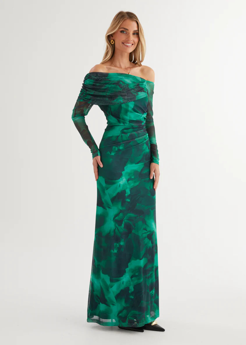 Nix Off Shoulder Maxi Dress - Emerald Watercolour